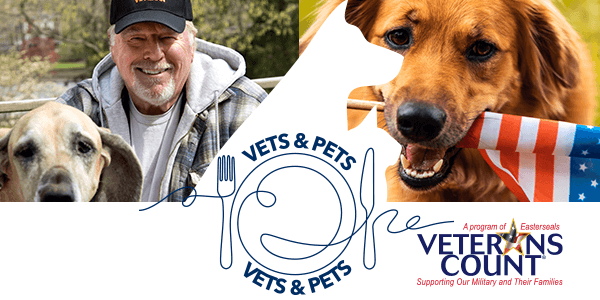 Vets and Pets - U.S. Military Veteran With Dog & Dog With American Flag in Mouth